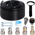 100FT Sewer Jetter Kit for Pressure Washer, 5800PSI Drain Cleaner Hose 1/4 Inch NPT Corner with 4 Sewer Jetting Nozzles，Waterproof Tape，Pearl Corsage Pin，Handle Strap & 2 Spanners (Black)
