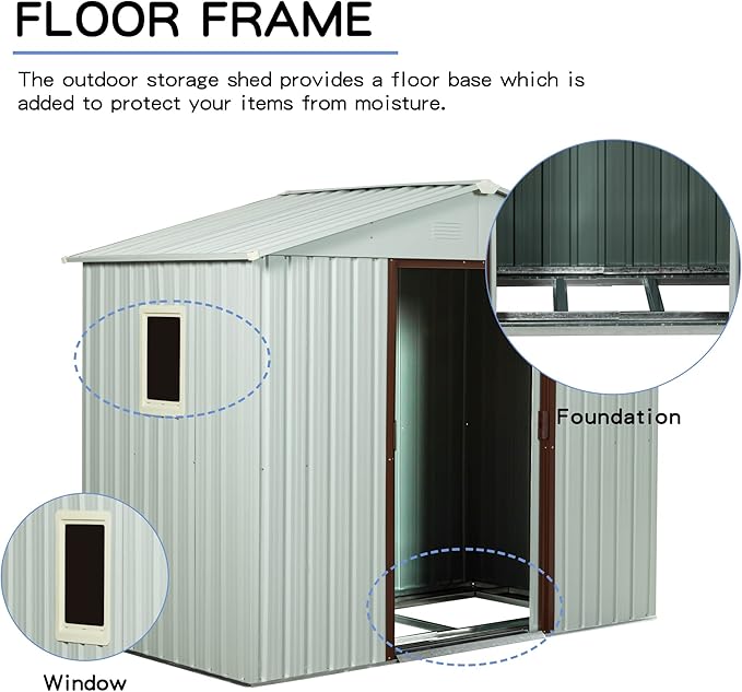 4x8 FT Outdoor Storage Shed, Metal Garden Shed with Frame Floor, Outside Tool Shed with Window, Waterproof Storage Building with Lockable Sliding Doors & Sloped Roof for Backyard, Patio, White