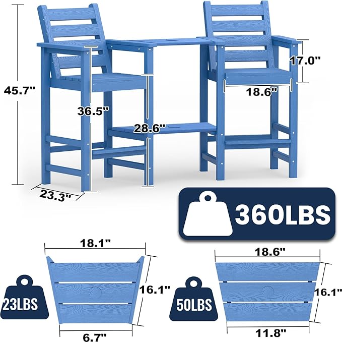 Tall Adirondack Chairs Set of 2, All Weather HDPE Poly Bar Height Balcony Adirondack Chair with Removable Double Connecting Trays, Outdoor Adirondack Barstools for Deck, Patio, Yard, Pool, Lawn