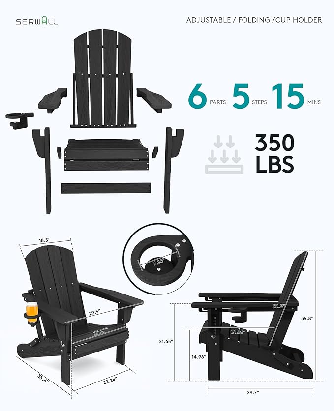 SERWALL Folding Adirondack Chair Set of 4, Adjustable Adirondack Chair with 3 Recline Positions, All Weather HDPE Outdoor Adirondack with Cup Holders, Black