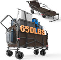 LEVELEVE Heavy Duty Folding Wagon - 2-in-1 Collapsible Cart, 650lb Capacity, All-Terrain Wheels w/Brakes & Side Pockets (Brown)