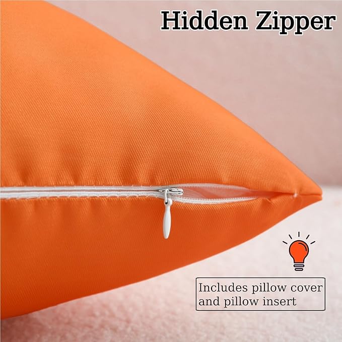 18" x 18" Throw Pillows, Outdoor Waterproof Pillows with Inserts, Square Decorative Pillows for Patio Furniture Garden Couch Sofa Home(Orange, Set of 2)