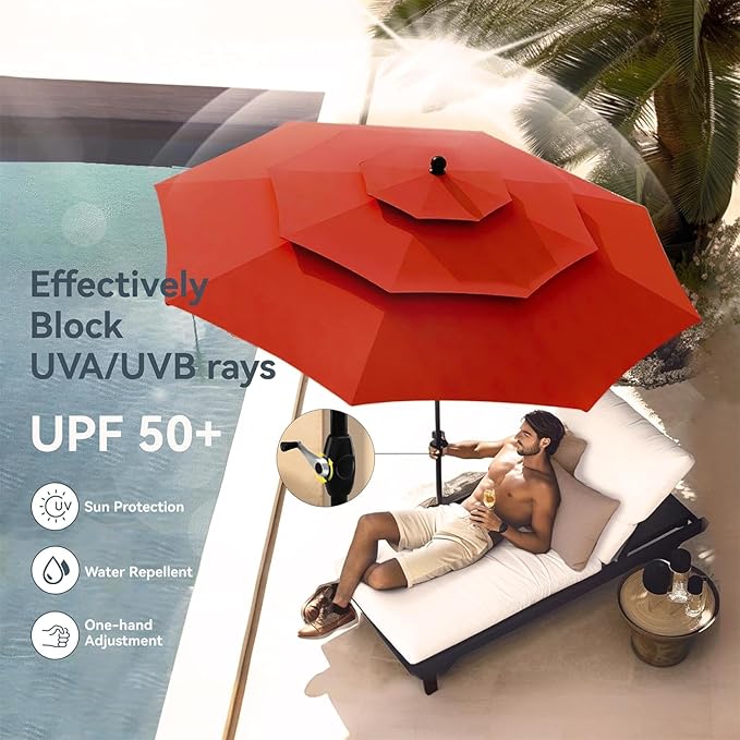 PHI VILLA 5 Pieces Outdoor Dining Set with Umbrella for 4, 37" Square Metal Dining Table & 4 Cushioned Wicker Rattan Chairs with 10ft Red Umbrella for Patio, Deck, Yard, Porch