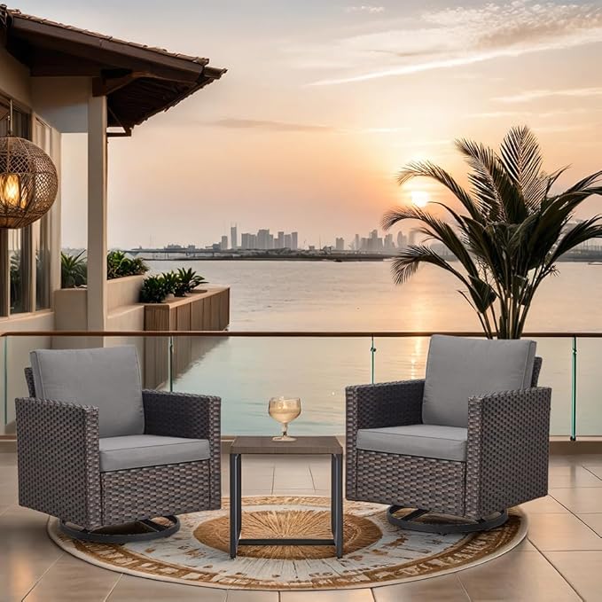 Outdoor Swivel Rocker Chairs, Patio Swivel Chair Set, Two Swivel Patio Wicker Chairs with One Side Table, Brown/Grey