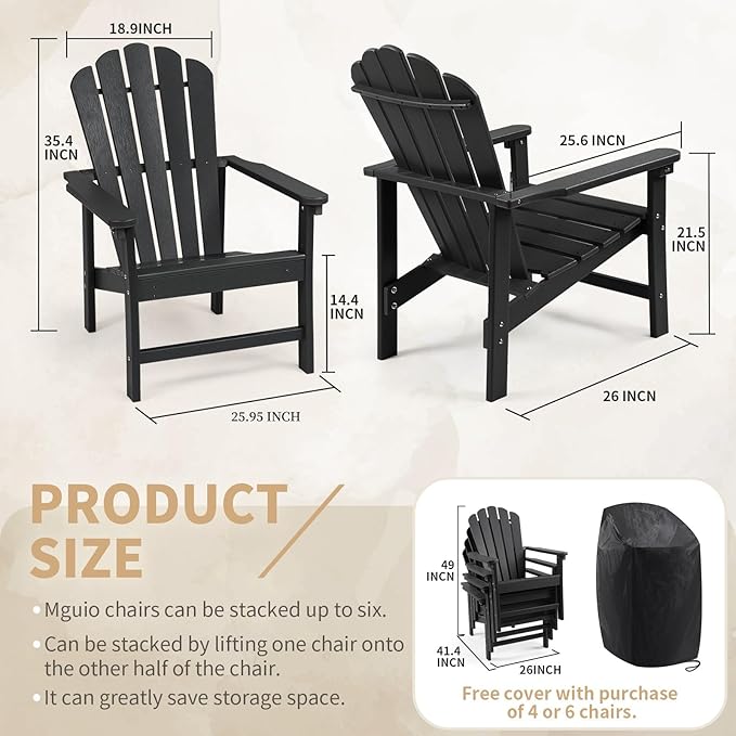 Stackable Adirondack Chairs Set of 4, Space Saving HDPE All-Weather Fire Pit Chair with Cover for Outdoor Lawn Porch Deck