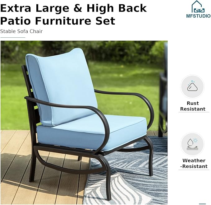 MFSTUDIO 4 Pieces Patio Conversation Sets, All Weather Metal Frame Outdoor Furniture Set Patio Sofas with 1 x 45 Rectangular Propane Fire Table, 1 x 3-Seat Sofa, 2 x Sofa Chairs, Blue Cushion