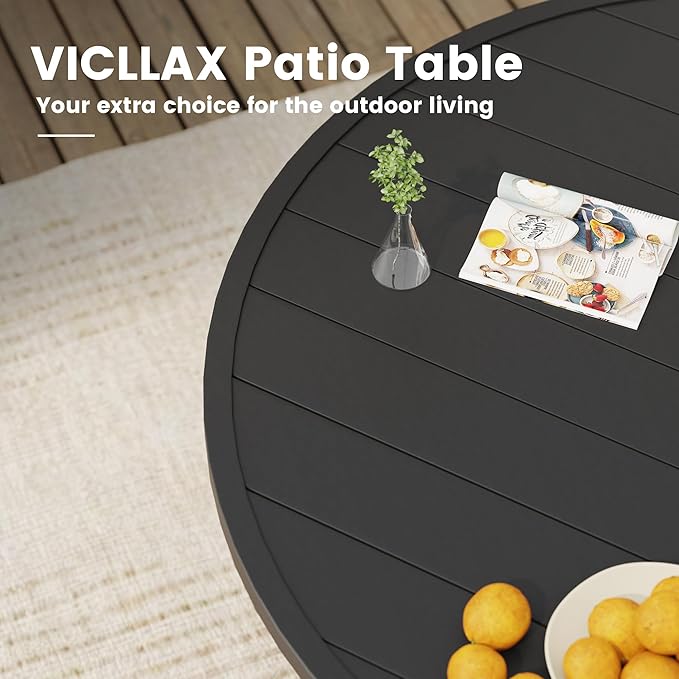 VICLLAX Outdoor Patio Round Dining Table, 47"x 47" Metal Slatted Round Tabletop with Adjustable Umbrella Hole for Deck Lawn Garden Backyard, Black
