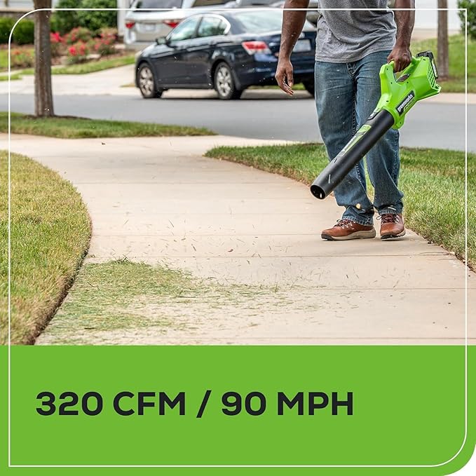 Greenworks 48V (2x24V) 17" Brushless Mower+12" String Trimmer+320CFM Blower+310 in./lbs Drill Driver, (2) 4.0Ah Batteries and (2) 2.0Ah Batteries, 2A Dual Port Charger