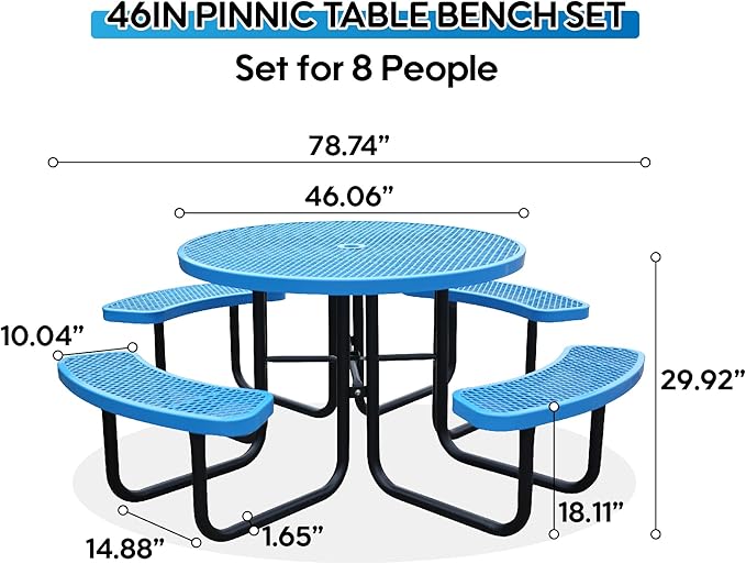 8-Person Picnic Tables for Outdoors, Industrial 46" Expanded Metal Round Picnic Table with 4 Benches & Umbrella Hole, Outside Table and Bench Set for Park, Garden, Backyard, Patio, Blue