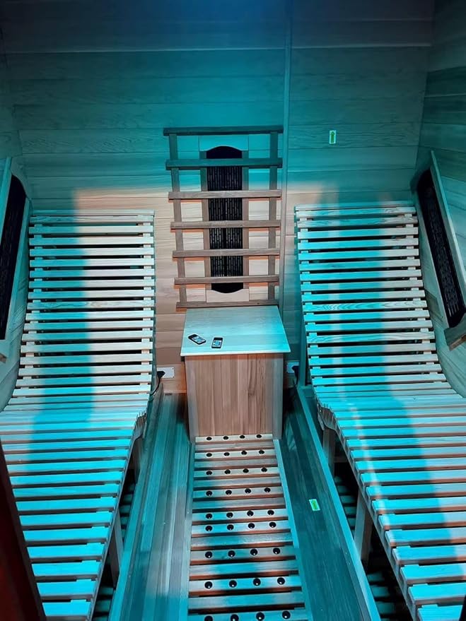 ZONEMEL Infrared 2 Person Wooden Sauna Room with Recliner, Canadian Red Cedar Luxury Indoor Sauna with 10 Heating Panels, Oxygen Bar, 3400 Watt, 220V, 8mm Tempered Glass
