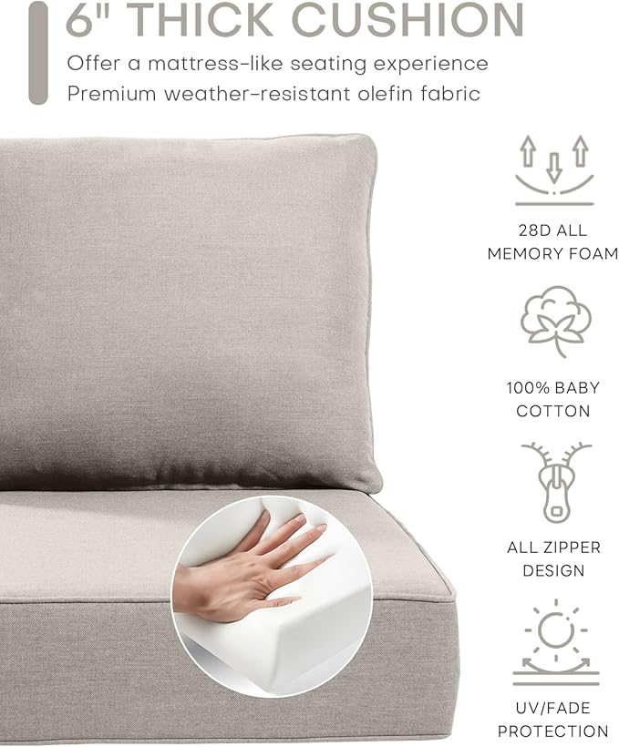 Luxury 22x24/22x25 6-Inch Outdoor Chair Cushions Set of 4 - Heavy Duty Water-Resistant Comfortable Cushion for Patio Furniture Set Dining Gliding Rocking Chairs Loveseat L-Shape Sofa - Beige