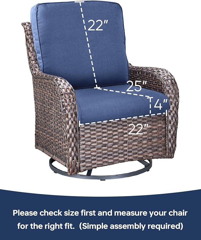 Pop 22x25/22x24 Outdoor Cushions for Patio Couch Chairs Set of 3 - High Back Comfy Outside Seat Cushions for Wicker Dining Rocker Glider Loveseat 3-Seater Sectional Sofa - Navy Blue/Classic