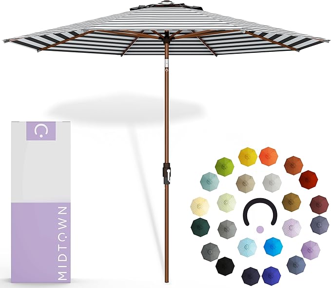 Midtown Umbrellas Wooden 2-9 Feet Outdoor Patio Umbrella, Terylast Black & White Stripes Fabric, Aluminum Frame For Backyard Umbrella, Deck Umbrella, Garden Umbrella & Pool Umbrella - Wooden Pole