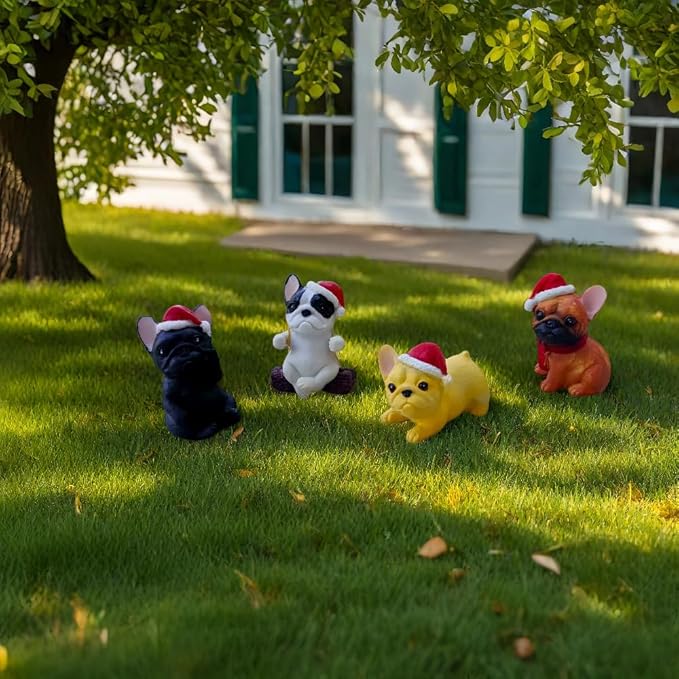4 Pieces Cute French Bulldog Dog Figurines Fairy Garden Figurines Resin Dog Statues with Christmas Hat for Office Home Garden Decor Collectible Puppy Figurines Animal Sculpture for Kids