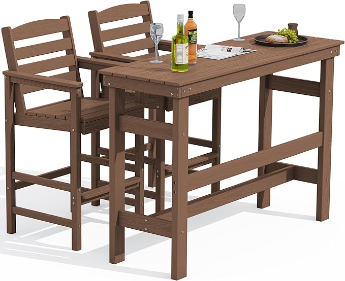 SERWALL Outdoor Bar Table and Chairs Set of 2, HDPE Outdoor Furniture for Outside, Poolside, Backyard, Garden, Brown