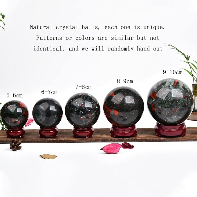 JIC Gem Small Crystal Sphere Ball Natural African Bloodstone Healing Crystal Ball with Decoation Stand for Fengshui Meditation Decoation (50-60mm)