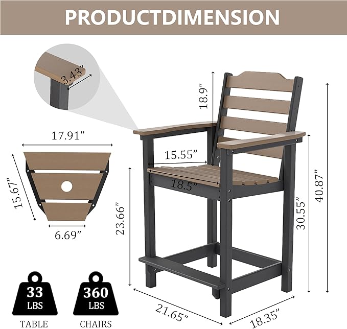 OTSUN Tall Adirondack Chairs Set of 2 with Connecting Tray, 24 inches HDPE Bar Height Outdoor Chairs, All Weather Resistant for Balcony, Porch, Kitchen (2 PCS, Black&Brown)