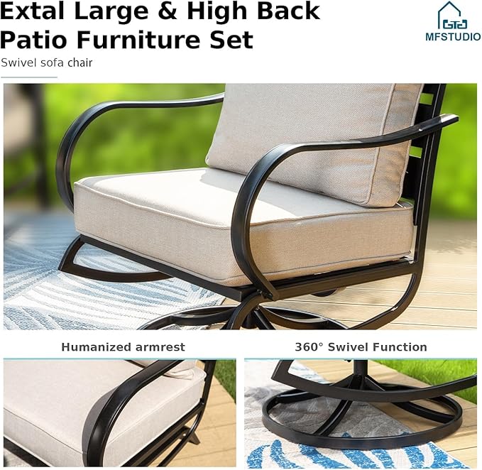 MFSTUDIO 4 Pieces Patio Conversation Sets, All Weather Metal Frame Outdoor Furniture Set Patio Sofas with 1 x 45 Rectangular Propane Fire Table, 1 x 3-Seat Sofa, 2 x Swivel Chairs, Beige Cushion