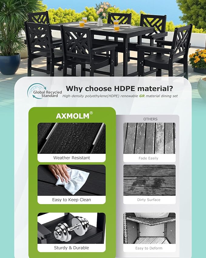 5 Piece HDPE Outdoor Dining Set for 4 Patio Dining Furniture Set with Umberlla Hole, Weather Resistent Outdoor Table and Chairs for Garden, Poolside, Backyard, Deck, Black