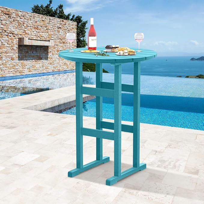 Sundale Outdoor Adirondack Round Bar Table, 39 Inch Height Patio Large Pub Table for 4, All Weather HDPE High Top Bistro Counter Tabl for Outside Deck Porch Balcony Poolside (Teal)