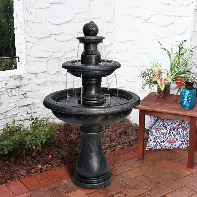 45.2inches High Outdoor Water Fountain, Concrete Outdoor Waterfall Fountain with Pump for Yard Garden Patio Backyard Deck Relaxation Decor - Black