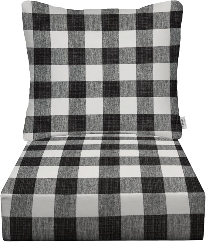 RSH DECOR Deep Seating Cushion with Pillow Back | 25” x 25.5” Seat | Water and Fade-Resistant Spun Fabric | Outdoor Chair Cushion Set for Patio Furniture | Black Buffalo Plaid