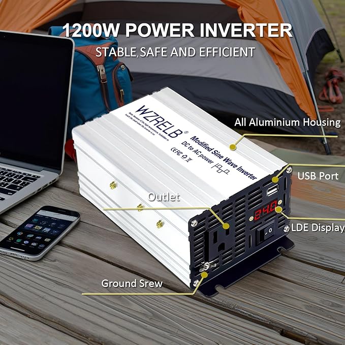 WZRELB 600W Power Inverter 24V DC to 110V 120V AC,Modified Sine Wave Car Inverter with LED Display,USB Port,Soft Starter,Off-Grid Power Converter with High Efficiency up to 90%