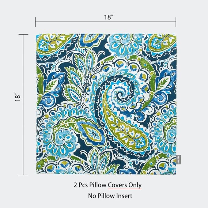 Magpie Fabrics Pack of 2 Indoor Outdoor Waterproof Throw Pillow Covers 18 x 18 Inch, Decorative Pillowcase Shell Cushion Sham for Garden Patio Tent Balcony Couch Sofa(Paisley Lapis Green)