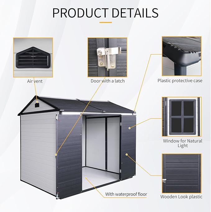 8x6 ft Resin Outdoor Storage Shed with Two-Window and Double-Door, Plastic Shed with Floor for Gargen, Patio, Yard, Lawn, Grey (1 Doors) (Grey White, 8x6 ft)