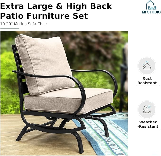 MFSTUDIO 5 Pieces Patio Conversation Sets, Outdoor Metal Furniture Sofas with 1 x 28 50,000 BTU Square Propane Fire Table and 4 x Wrought Iron Frame Rocking Chairs with Beige Cushion