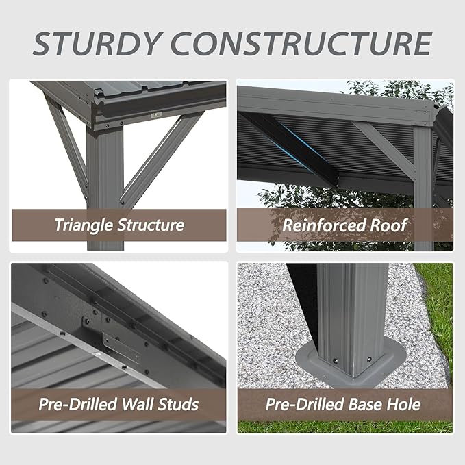 Domi 10'x14' Hardtop Wall Mounted Gazebo, Expandable Lean to Gazebo Pergola with Gutters & Galvanized Steel Roof, 60MPH Wind Resistance Outdoor Heavy Duty Canopy Sun Shade for Patio, Backyard - Grey