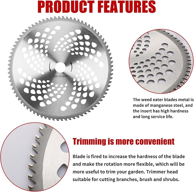 10" x 80T Carbide Tip Brush Cutter Trimmer Blades & 9" x 36 Teeth Carbide Tipped Blades & 10" x 3 Teeth Carbon Blades with Adapter Kit