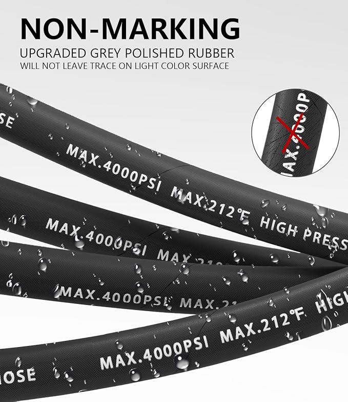 Pressure Washer Hose 150FT 4000 PSI, Kink Resistant Steel Braided Layer & NonMarking Rubber for Hot/Cold Water, High Power Washer Hose With 3/8 Inch Quick Connect & M22 Fitting, Black