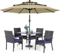 PHI VILLA 5 Piece Outdoor Dining Set with Umbrella, 37" Square Metal Dining Table & 4 Cushioned Wicker Rattan Chairs with 10ft Beige Umbrella for Patio, Deck, Yard, Porch