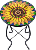 VCUTEKA Sunflower Outdoor Side Table, Mosaic Design, Small Glass Top, Round, Patio Side Table, Balcony Coffee Table, Indoor, 14 inches, Yellow