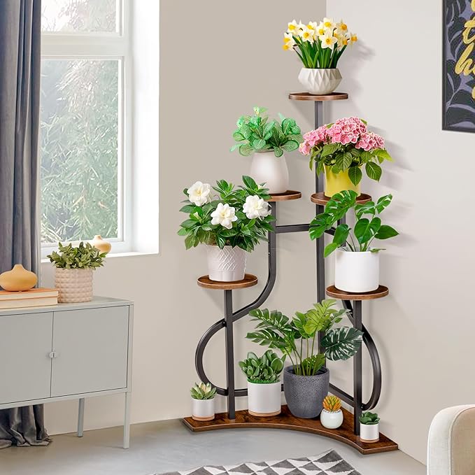 6-Tier Corner Plant Stand, Indoor Plant Stand with L-shaped Base, Aesthetic Metal Plants Shelf for Multiple Plants Flower Pot, MDF Outdoor Plant Holder for Patio Balcony (Rustic Brown)