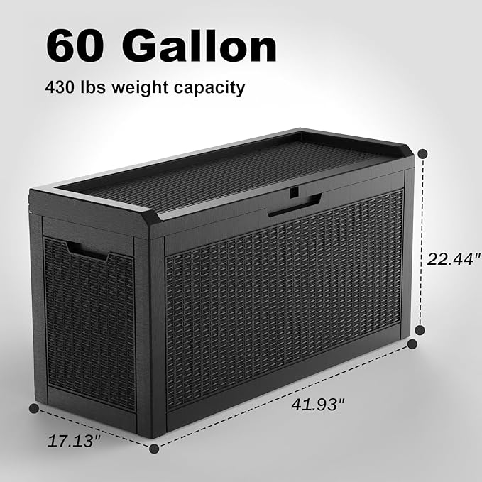 60 Gallon Deck Box,Resin Outdoor Storage Box with Lockable for Patio Furniture, Pool Accessories, Garden Tools, Waterproof Outside Storage Box, Black Pattern