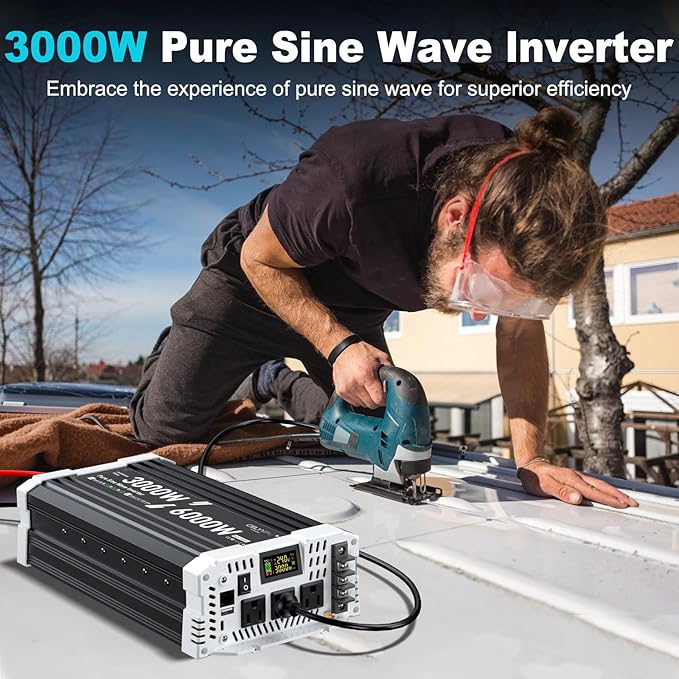 3000 watt Pure sine Wave Inverter, 24V DC to 110V AC Power Inverter, Used for Solar Emergency Power Supply in RV Homes, with 3 AC Output sockets, USB Port, Type-C Port, Remote Control with LCD Screen