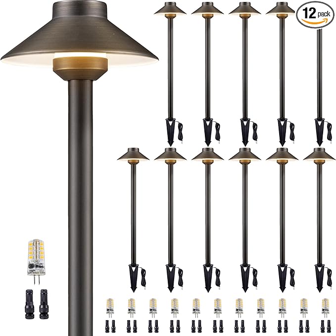 Gardenreet Solid Cast Brass Pathway Light - 12v Landscape Path Lights Outdoor Waterproof, Electric Walkway Fixture Wired, Antique Bronze Garden Decor with 3W 270LM 5000K Daylight G4 Bulb (12 Pack)