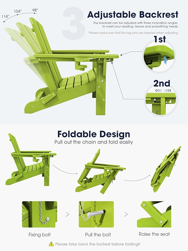 KINGYES Folding Adjustable Adirondack Chair with Ottoman Set of 4, Apple