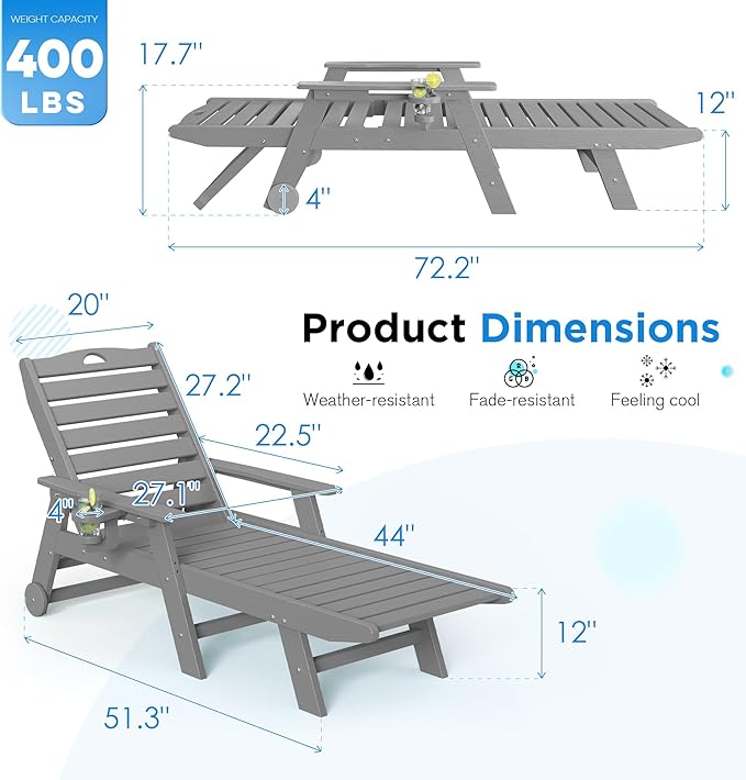 nalone Chaise Lounge Outdoor with 5-Position Adjustable Backrest, HDPE Lounge Chair for Outside Supports Up to 400 LBS, Pool Lounge Chairs for Patio Poolside Deck Beach Backyard (Grey)