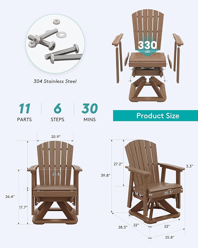 SERWALL Adirondack Swivel Glider Chair, HDPE Swivel Glider Set of 4 for Outdoor, All-Weather Glider Chair for Porch, Balcony, Wood Brown