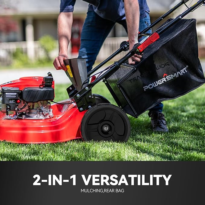 PowerSmart Self Propelled Gas Lawn Mower, 22 in. 170cc OHV Engine 2-in-1 Rear Wheel Drive, High Wheels, 6-Position Height Adjustment