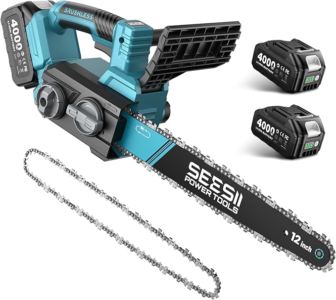 SEESII Electric Chainsaw Cordless 12-inch: Brushless Battery Powered Small Chainsaw, 2 x 4.0Ah Batteries, Auto-Tension and Oiling Mini Chain Saw for Christmas Dad Men Gifts, Tree Cutting Trimming