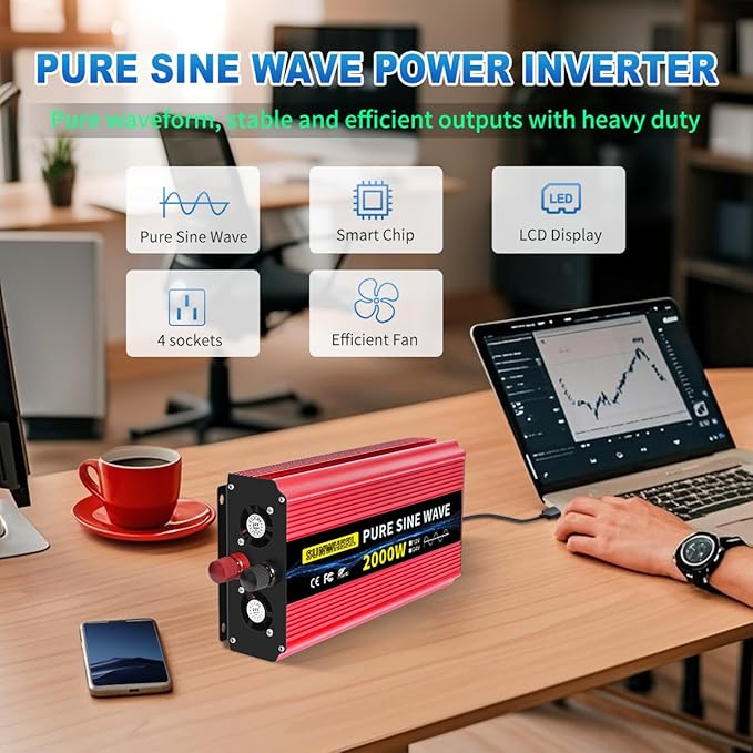 SUNWHEEL 2000W Pure Sine Wave Inverter, 12V DC to 110V/120V AC Power Inverter for RV、Microwave、Off Grid、Truck、Refrigerator、Air Conditioner with 2 AC outlets and LCD Display