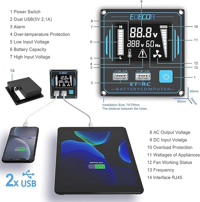 EDECOA 2000 Watt Power Inverter DC 12V to AC 110V 120V 2000W Converter with LCD Display and Remote Controller Dual USB (with ET-RC Remote)