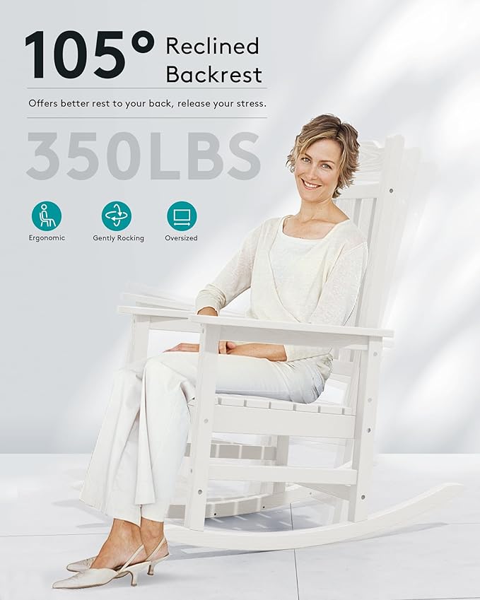 SERWALL Oversized Rocking Chair Set of 2 Outdoor, HDPE Outdoor Rocking Chair Set of 2, White