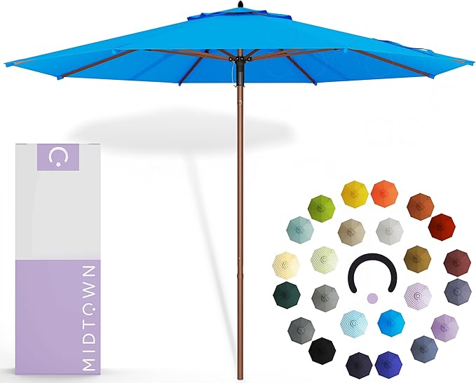 Midtown Umbrellas The Wooden 8 Feet Patio Umbrella With Terylast Cobalt (Blue) Polyester Fabric - Aluminum Frame Market Umbrella For Backyard, Deck, Garden, Pool - Wooden Pole