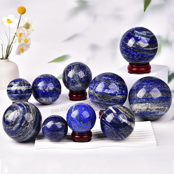JIC Gem Large Blues Crystal Sphere with Stand Lapis Lazuli Quartz Crystal Ball Sphere Gemstone Decorative Ball for Home Decor Altar Reiki Crystal Gift 80-90mm
