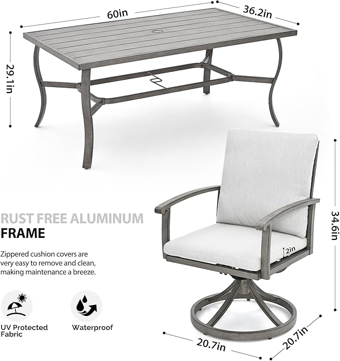 HAPPATIO 7 Piece Patio Swivel Dining Set, Aluminum Outdoor Dining Set for 6,Dining Table and Chairs Set, Patio Dining Furniture with Aluminum Table, Swivel Chairs and Washable Cushions (Gray)